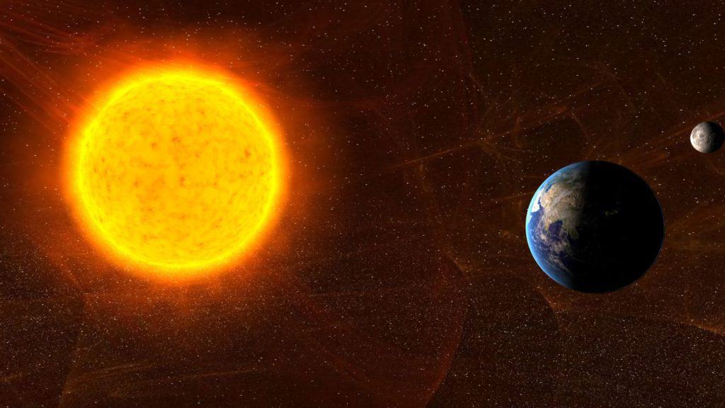 The Sun, Earth, and Moon in space, emphasizing solar radiation's role in climate change.