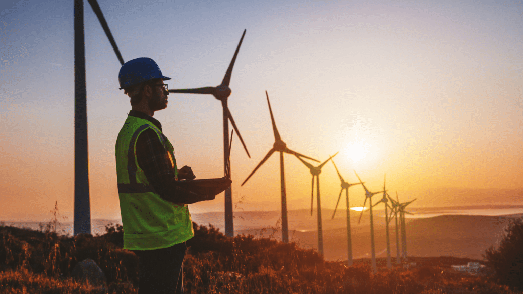 Silhouette of a worker wearing a hard hat and safety vest inspecting wind turbines at sunset, symbolizing renewable energy efforts.