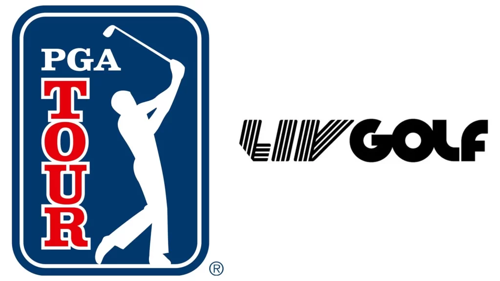 Logos of the PGA Tour and LIV Golf side by side, symbolizing the historic merger of the two golf organizations.