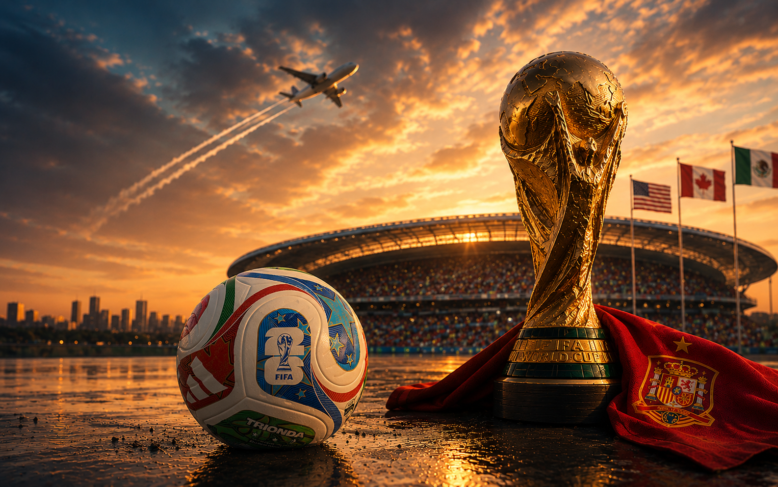 THE PRICE OF A BIGGER WORLD CUP The FIFA World Cup trophy and a football rest in front of a packed stadium at sunset, while an aircraft crosses the sky above the United States, Canada, and Mexico flags, symbolising the environmental impact of the expanded 2026 World Cup.